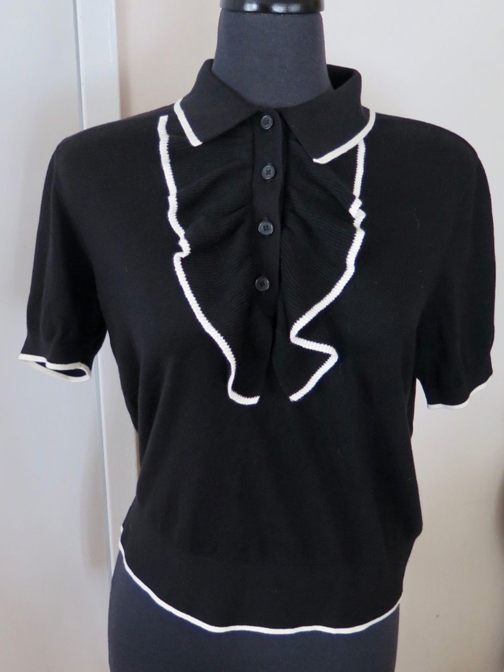 Lauren Tipped Black Polo Sweater with Ruffles, Short Sleeves